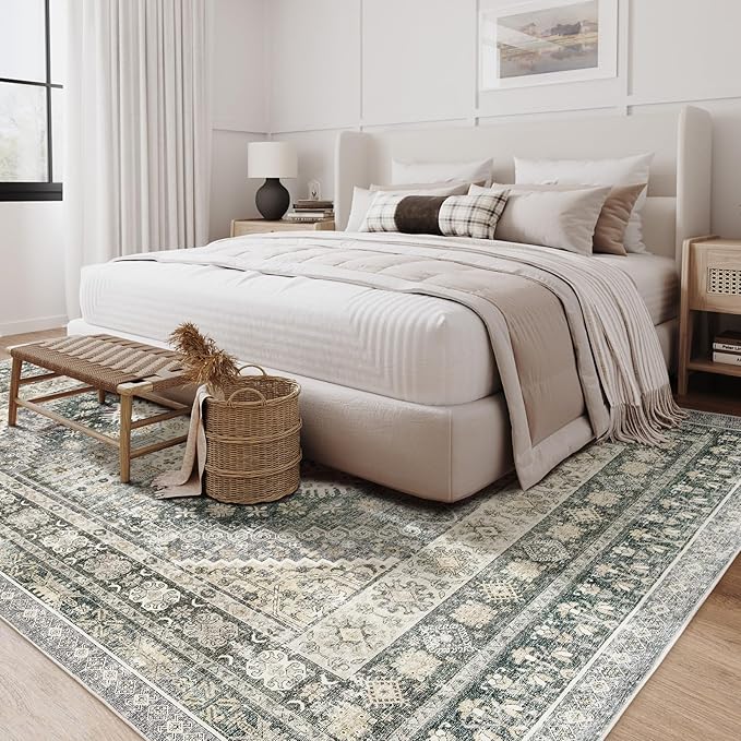 zesthome 8x10 Area Rugs for Living Room,Non-Slip Backing Washable Rugs,Vintage Large Area Rug,Stain Resistant Home Decor Rug (Wheat/Charcoal,8'x10')