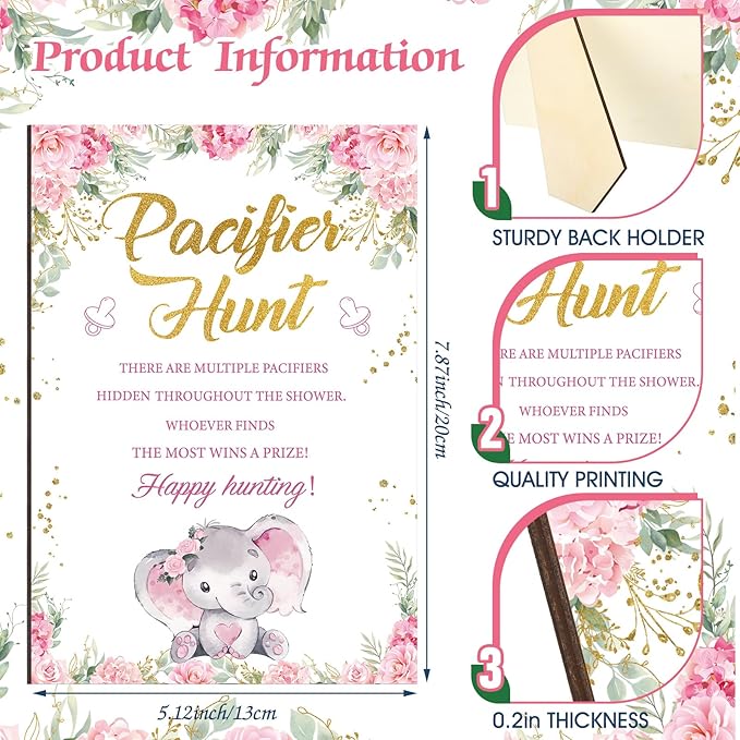 Thyle 51 Pcs Pacifier Hunt Baby Shower Games Include Hunt Sign and 50 Acrylic Pacifiers for Baby Shower Game Decoration Gift Sets Gender Reveal Party Decor(Pink Elephant)