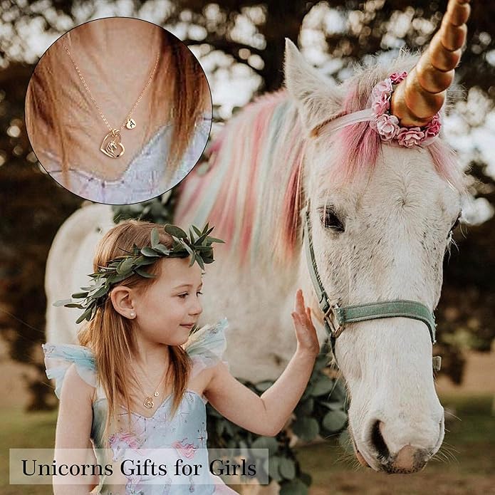 Hidepoo Unicorn Necklace Gifts for Girls Daughter - Colorful CZ Heart Pendant Initial Unicorn Necklaces for Girl Teens Little Girls Jewelry Birthday Gift