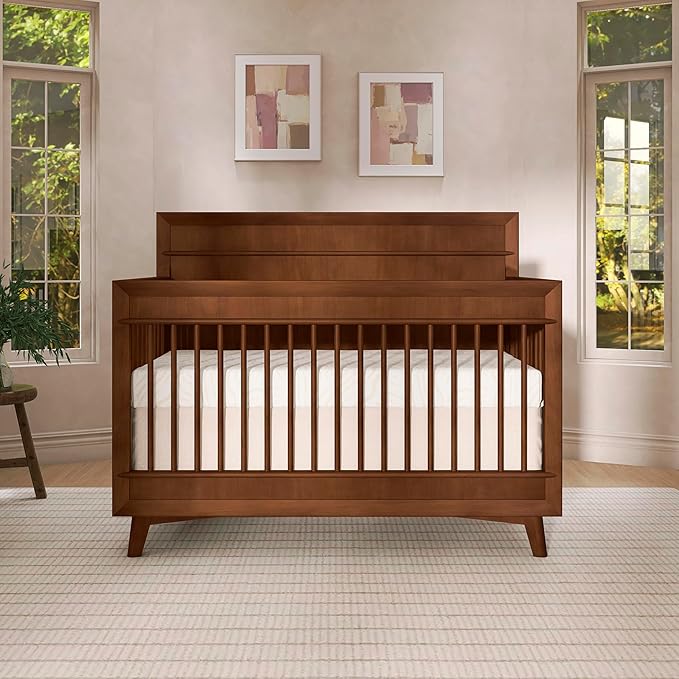 Evolur Loft Antilia Mid-Century 4-in-1 Crib in Walnut, Greenguard Gold & JPMA Certified, Baby Crib Converts to Toddler Bed, Daybed & Full Bed