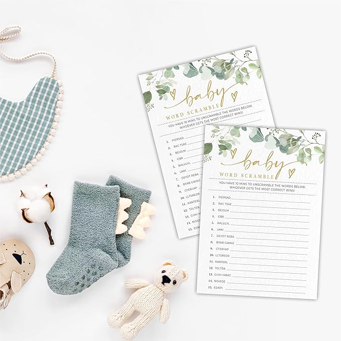 Baby Word Scramble Baby Shower Game Cards - Golden Greenery - 30 Double-Sided Fill In Style Game Cards With Answer Card, Gender Reveal, Baby Announcement, Party Games & Activity - D14