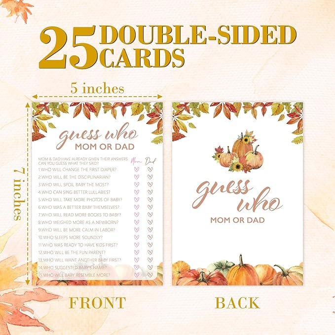 Fall Baby Shower Games, Guess Who Mom or Dad Game Cards, 5x7 in, Thanksgiving Baby Shower Party Favor Decorations Supplies - A03