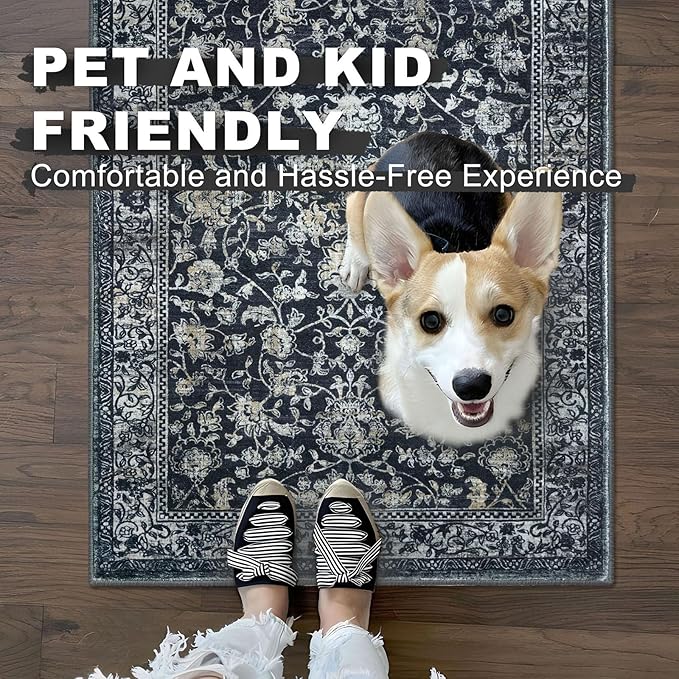 KILOCOCO Hallway Runner 3x12 Rug Runner Printed Vintage Floral Washable Non-Slip Rubber Backed Runners for Hallways Kitchen Laundry Room Entryway Bedroom, Charcoal