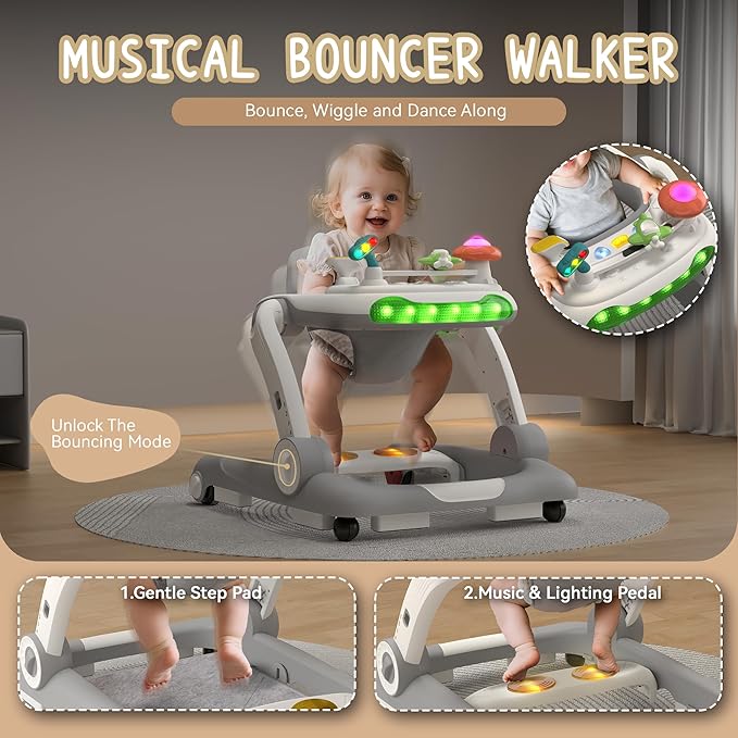 Baby Walker with Wheels, 5 in 1 Walker for Baby Boy Girl with Bouncer, Music and Lights Baby Jumper Activity Center, Adjustable Height, Push Walker for Ages 7-18 Months Toddler (Gray)