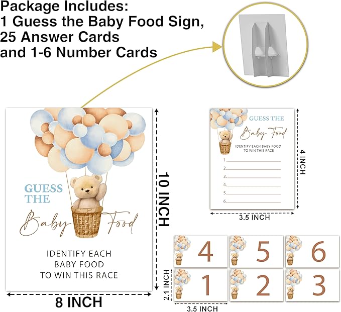 Guess the Baby Food Baby Shower Game - 8x10 INCHES Sign, 25 Answer Cards, 6 Number Cards, We Can Bearly Wait Party Supplies - F04