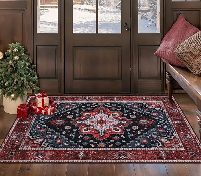 Ciicool Washable Vintage Area Rug, 2x4ft Boho Small Rug, Ultra Soft Rugs for Entryway, Non-Slip Entry Rugs Oriental Low-Pile Indoor Mat Floor Carpet for Entrance Bedroom Kitchen Bathroom Foyer Decor