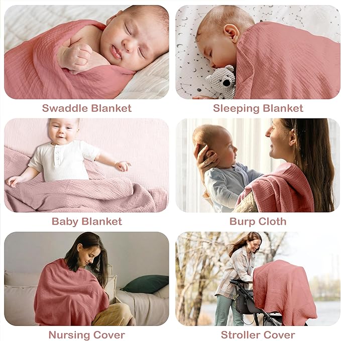 Organic Cotton Muslin Baby Blanket - 47x47 Inch Breathable Swaddle, Hypoallergenic Double-Layer, Versatile Use (Rose/Peach, 47x47 Inch)