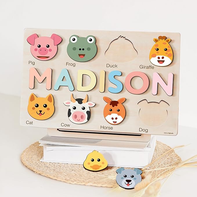 Baby Custom Name Puzzle with Animals, Custom Handmade Birthday Gift for Kids, for Toddlers, Special New Baby Gift, Wood Puzzle