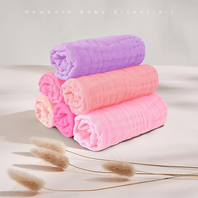 MOON PARK Baby Washcloths, 12 Pack - 12x12 Inches, Small Burp Cloths and Baby Wipes - 100% Cotton Muslin Ultra Soft for Newborn, Infant and Toddlers - Pink, Purple and Sakura Series