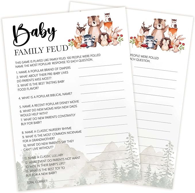 Baby Shower Games for Girl, 30 Safari Animals Baby Family Feud Game Cards + 1 Answer Card, Woodland Gender Reveal Party Decorations Supplies Favors - C06