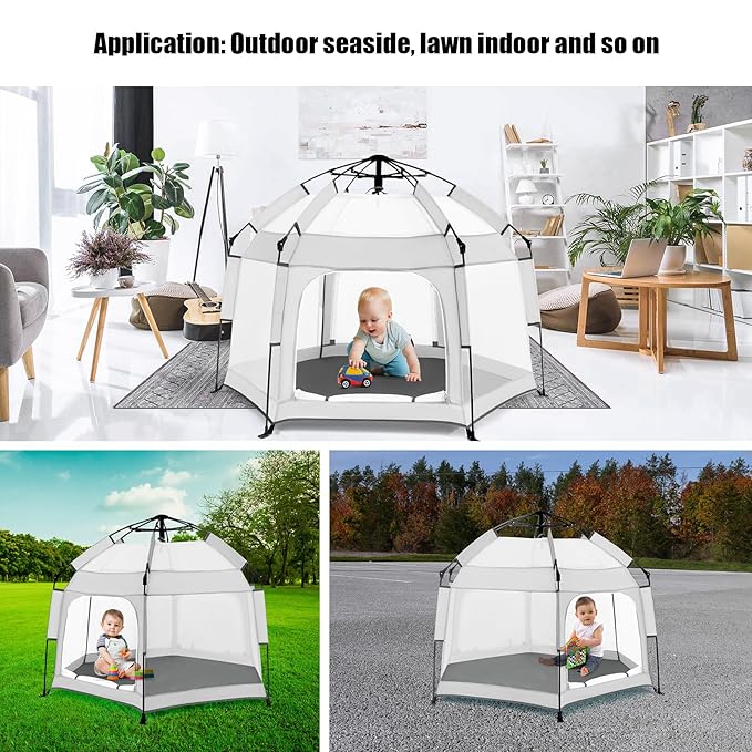 Baby Playpen with Canopy, Portable Baby Beach Tent, Toddler Play Yard Indoor and Outdoor, Foldable Mosquito Net for Infant - Light Grey