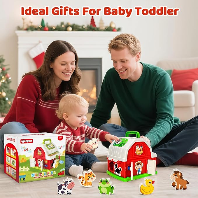 Montessori Toys for 1 2 3 Year Old Boys Girls, Musical Barn Farm Animal set for Toddler, Shape Sorting Educational Toy for Baby 12-18 Month, Learning Fine Motor Skills, Christmas Birthday Easter Gifts