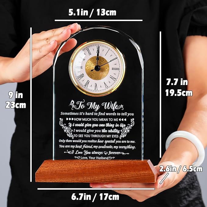 Glass Clock Gifts for Wife from Husband with Wooden Light Base, Personalized Gift for Wife Who Has Everything on Birthday Valentine's Day, Presents for Her on Christmas Home Desk Clock