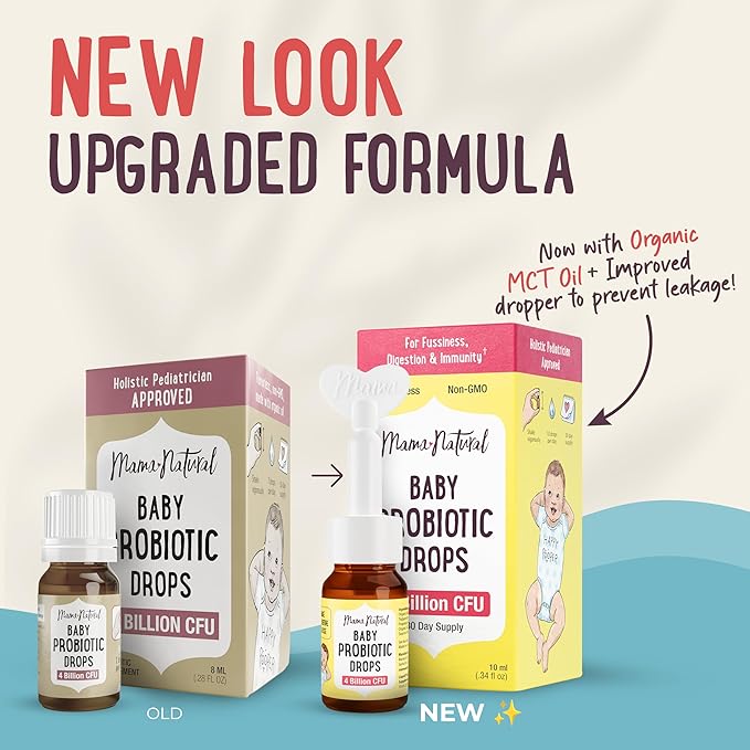 Mama Natural Baby Probiotic Drops | Pediatrician-Approved Infant Probiotic Colic Drops – Infant Gas, Constipation, Fussiness & Immune Support Supplement – 10 Strains & 4 Billion CFU with MCT Oil