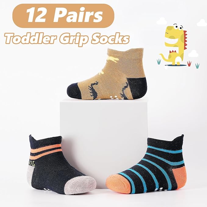 Tphon Toddler Baby Non Slip Ankle Socks with Grippers Kids Boys Girls Socks 12 Pairs for 0-7 Years Infant Children