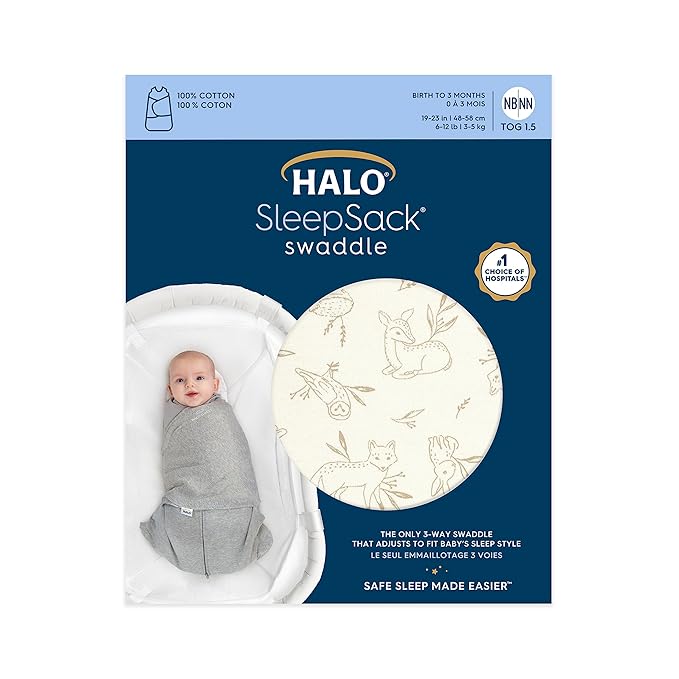 HALO 100% Cotton Sleepsack Swaddle, 3-Way Adjustable Wearable Blanket, TOG 1.5, Lullaby Forest, Newborn, 0-3 Months