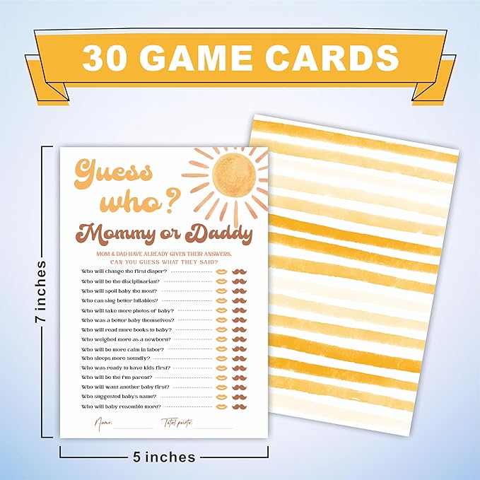Guess Who? Mommy Or Daddy Baby Shower Game Set - Watercolor Sunshine - 30 Double-Sided Fill In Style Game Cards For Gender Reveal, Baby Announcement, Party Favor & Supplies - B03