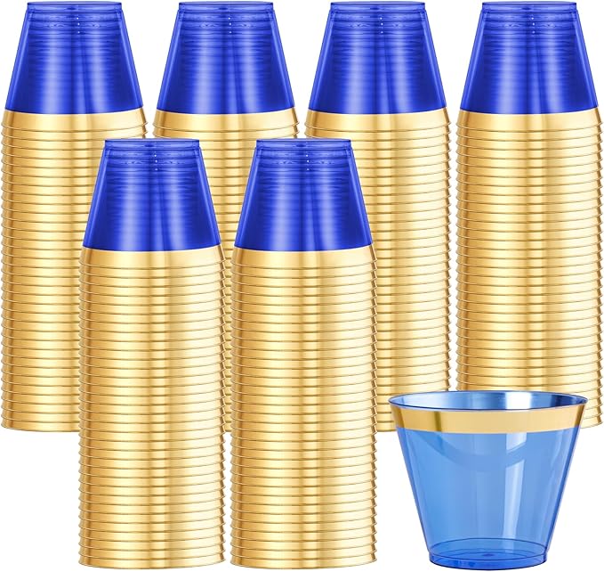 supernal 100 Pcs Blue Plastic Cups, 9oz Blue Disposable Cups with Gold Rim, Plastic Wine Cocktail Glasses Perfect for Party, Wedding and Birthday, Cute Cocktail Party Cup Disposable Wine Glasses