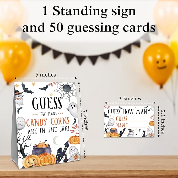 Halloween How Many Candy Corns Are In The Jar - 1 Standing Sign & 50 Guessing Cards - Cute Halloween Party Game & Decoration For Boys, Girls, Adults - Baby Shower, Birthday Game Set - A05