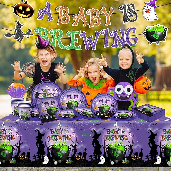 Halloween Baby Shower Decorations-142pcs A Baby is Brewing Halloween Tableware Include Plates, Napkins, Cups, Banner and Tablecloth for Boy Girl Gender Reveal Party Supplies