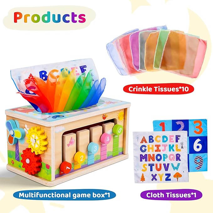 Montessori Baby Wooden Tissue Box Christmas Toy 6-in-1 Sensory Tissue Box Toy for Babies 6-12 Months Developmental Toys for Babies, Christmas Gift for 6-12 Months