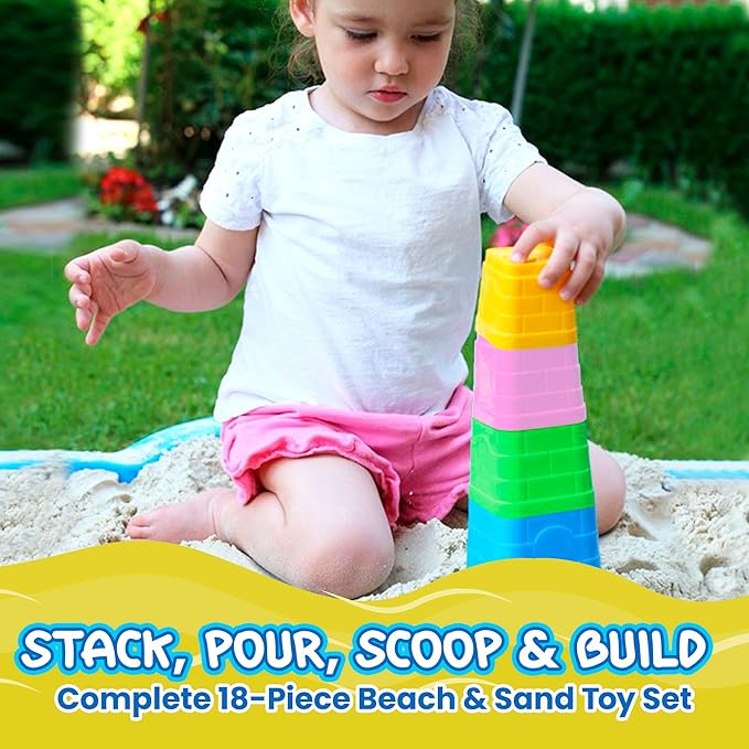 Splash & Sand Adventure Set – Beach Toys for Toddlers with 18 Pcs Stacking Cups, Watering Can, Bucket, Shovels, Rake, Toy Car Sand Moulds & Storage Basket, Summer Toys for Kids Ages 1+