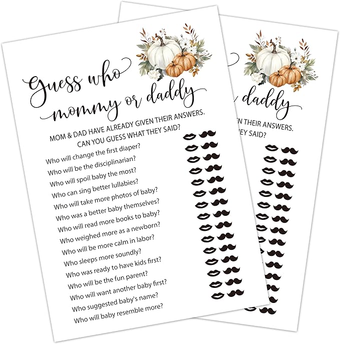Fall Baby Shower Games, Find Who Mommy Or Daddy Themed Gender Reveal Party Game, Fall Festival Games Cards With Pumpkin Design, Boho Baby Shower Games, Thanksgiving Party Supplies -04
