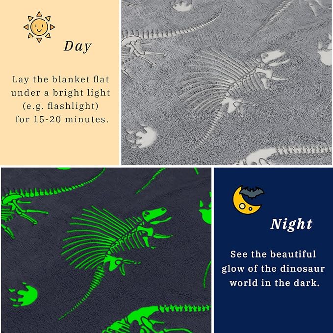 Glow in The Dark Dinosaur Blanket for Boys & Kids - Soft, Cute Dino Blanket, Gray Glowing, 90x108 inch