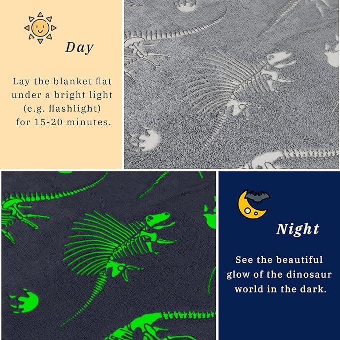 Glow in The Dark Blanket Dinosaur Throw Blanket for Boys Kids Soft Warm Cozy Cute Dino Blanket Unique Dinosaurs Toys Gifts Gray Glowing Dinosaur Room Decor Blankets for Girls Teens 40"x50"