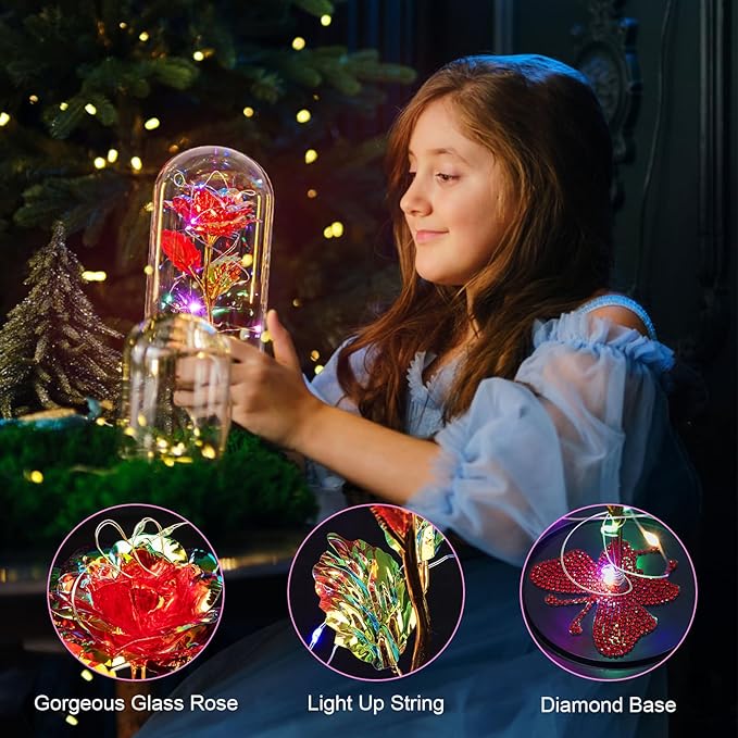 DEEMEI Birthday Gift for Women Red Rose Eternal Flower USB Light Up Rose in Glass Dome Anniversary Flowers for Delivery Prime Mothers Day Presents Flowers Gifts for Her Grandma Girlfriend Wife