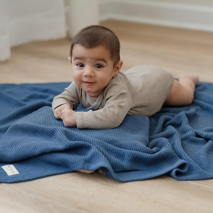 Heritage Knit Organic Cotton Receiving Swaddle Blanket for Boys - 100% Organic Soft Luxury Cotton Warm Cuddle Swaddling Blanket for Newborns Infants Toddler (0-2Yrs - Denim Blue)
