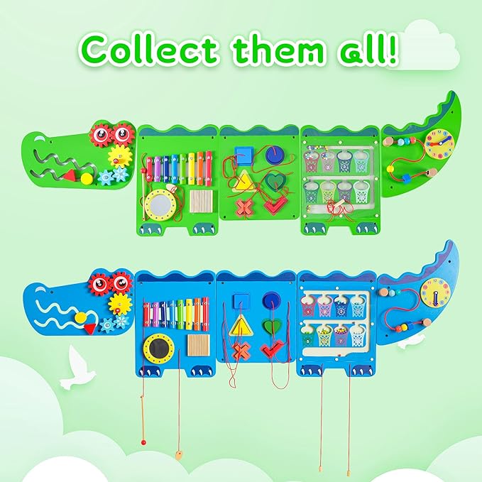 Crocodile Sensory Toys Activity Wall Panels, Educational Montessori Busy Board for Toddlers, Activity Cube - Sensory Wall, Wooden Learning Toys, Interactive Toy-Green