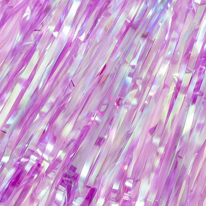 BRAVESHINE Clear Purple Party Decorations Iridescent Foil Curtain - 2 Pack 3.2 x 6.5 ft Holographic Tinsel Backdrop Party Streamers Curtains for Birthdays Valentine’s Bachelorette Bridal Shower Decor