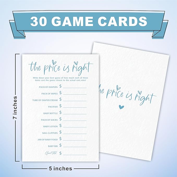 The Price is Right Game Set For Baby Shower - Minimalism White & Blue - 30 Double-Sided Fill In Style Game Cards For Gender Reveal, Baby Announcement, Party Favor & Supplies - C06