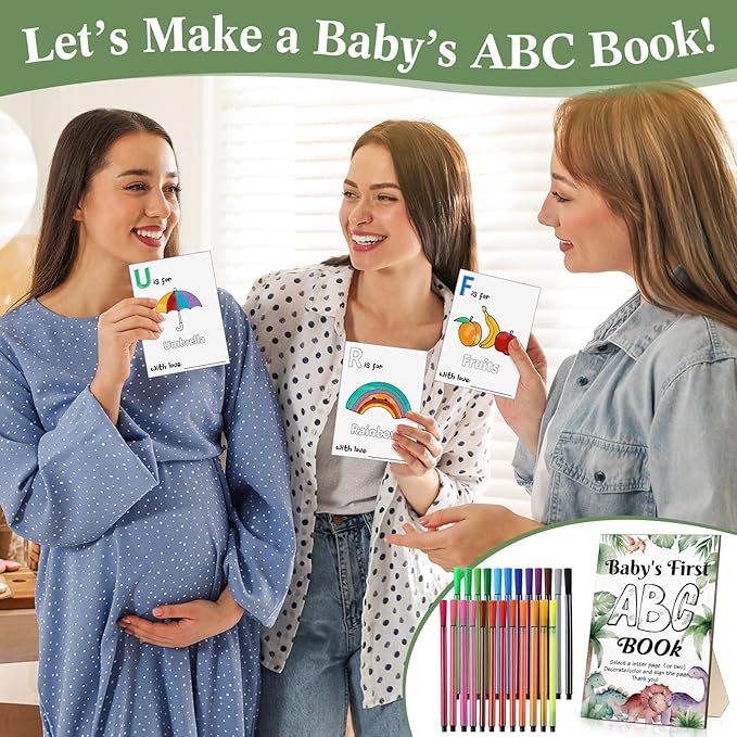 Geelin 51 Pcs Fun Baby Shower Game Activities First ABC Book Sign Coloring Game Card 26 Alphabet a to Z Coloring Card with 24 Watercolor Pen Storage Bag for Baby Shower Party(Dinosaur)