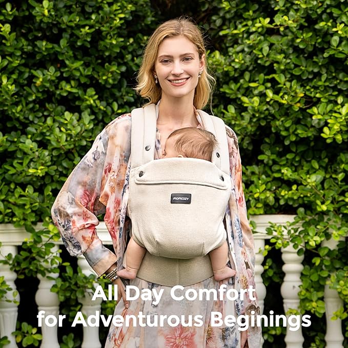 Momcozy Baby Carrier with Natural Cotton Linen, Built to Last, Ergonomic Design, 7-44lbs for Infant and Toddler, Lightweight and Comfortable, Hands-Free for Moms&Dads, Light Amber