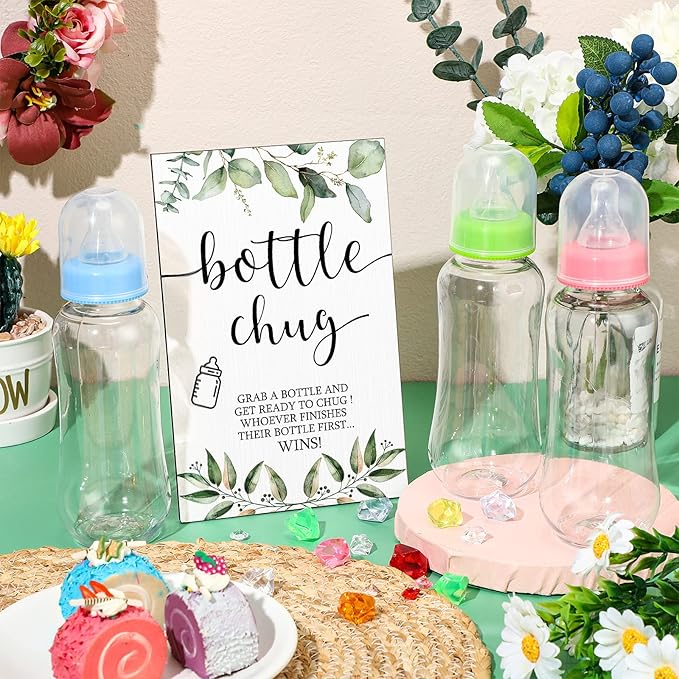 Roowest Bottle Chug Baby Shower Game Favors 12 Pcs Baby Bottles Shower Favor with 1 Wooden Sign for Gender Reveal Party Supplies Gifts(Green Leaves)