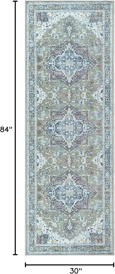 Bloom Rugs Washable Non-Slip 7 ft Runner - Green/Blue Traditional Medallion Runner for Entryway, Hallway, Bathroom, and Kitchen - Exact Size: 2.5' x 7'
