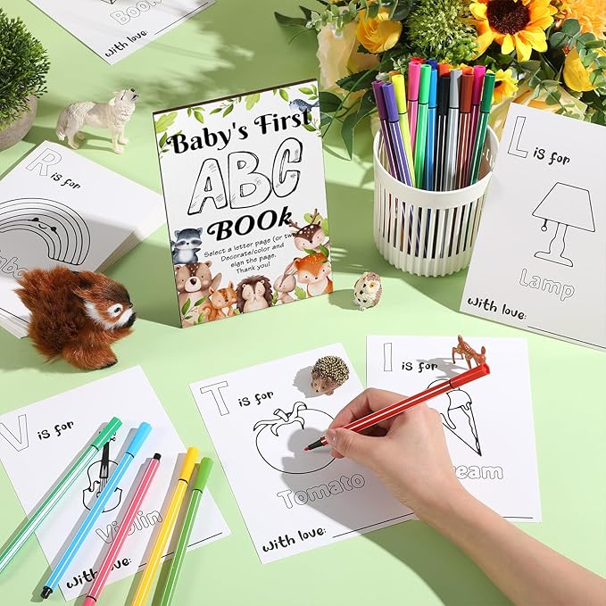 Geelin 51 Pcs Fun Baby Shower Game Activities First Abc Book Sign Coloring Game Card 26 Alphabet a to Z Coloring Card with 24 Watercolor Pen Storage Bag for Baby Shower Party(Woodland)