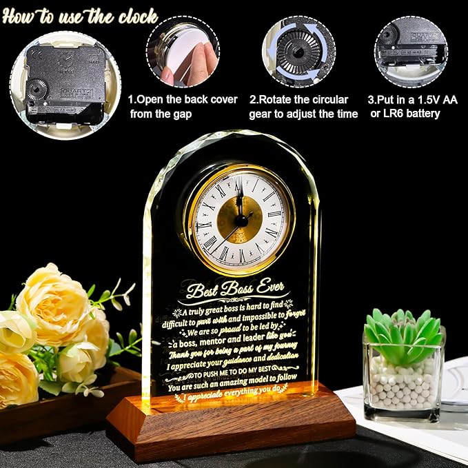 Glass Clock Best Boss Ever Gifts for Women with Wooden LED Light Base, Personalized Appreciation Gift for Men, Retirement Clock for Lady Boss Going Away, Boss's Day Gift Idea for Office Desk Clock