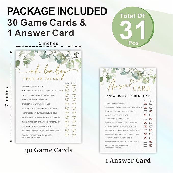 Oh Baby, True Or False Baby Shower Game Cards - Golden Greenery - 30 Double-Sided Fill In Style Game Cards With Answer Card, Gender Reveal, Baby Announcement, Party Games & Activity - D11