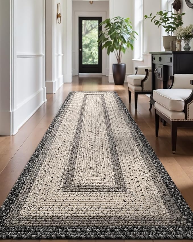 LUMI Runner Rug Non Slip for Hallway, 2'x7' Natural Rustic Carpet No Shedding, Farmhouse Braided Area Mat Indoor High Traffic for Living Room, Entryway, Kitchen, Laundry