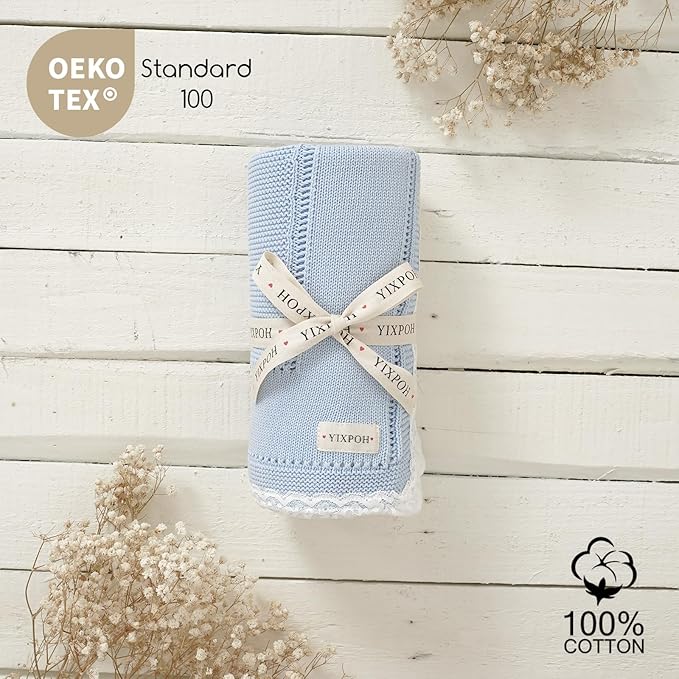 100% Organic Cotton Baby Blanket Knitted Softer Receiving Swaddle Warm Cozy Cuddle Crib Blanket for Newborns Infants Toddlers Boy and Girls Sky Blue