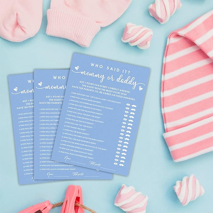 EXW Baby Shower Games, Who Said It Mommy Or Daddy, Double-sided Filling Blue Minimalism Game Cards, Baby Shower Activity, Party Supplies & Decorations, Set of 30 -B03