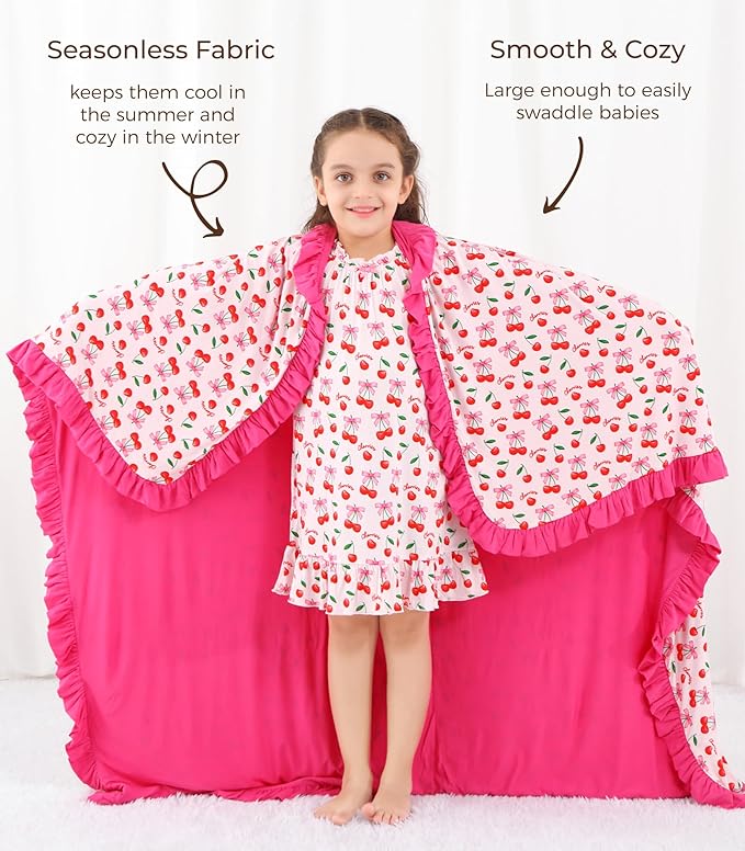 Premium Baby Blanket for Girls, Stretchy Quilt, Soft Crib Bedding for Newborn Baby and Toddler, Ruffle Nursery Blanket for Kids, Viscose Made from Bamboo, 50''x50'' Sweet Cherries