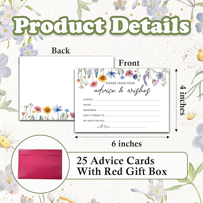 Advice And Wishes Cards (25pcs), Wildflowers Advice Cards For Mr And Mrs, Bride And Groom, New Parents, Bridal Shower, Baby Shower, Engagement, Wedding, Bachelorette Party Games Decor -A05