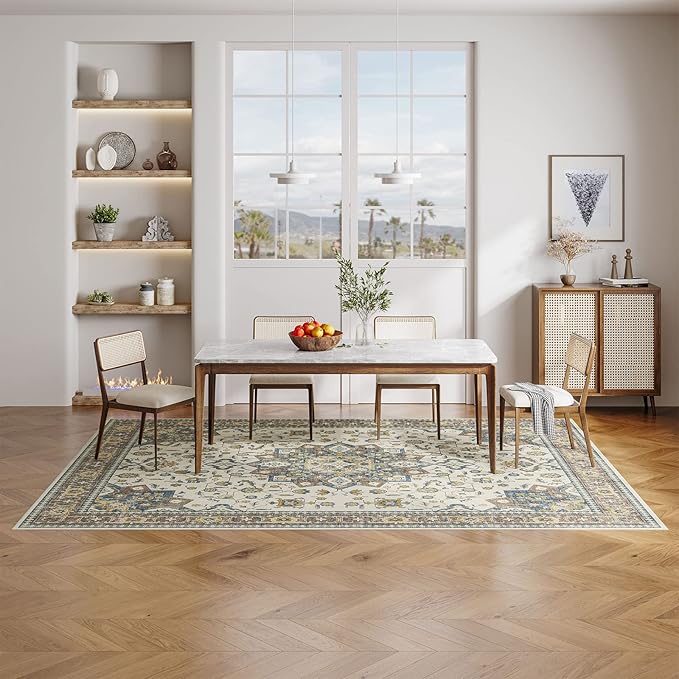 Dripex Washable Area Rug 6x9 Floral Rug Stain & Water Resistant Foldable Thin Vintage Rugs Faux Wool Floor Carpet for Living Room Bedroom Dining Room Kitchen Bathroom Farmhouse Office