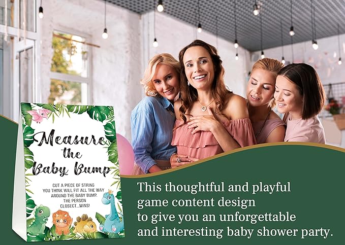 Baby Shower Game Set, Measure The Baby Bump(1 Standing Sign + 50 Find Cards), Safari Jungle How Big is Mommy's Belly Party Game, Dinosaur Baby Shower/Gender Reveal Party Favor Decor(A04)