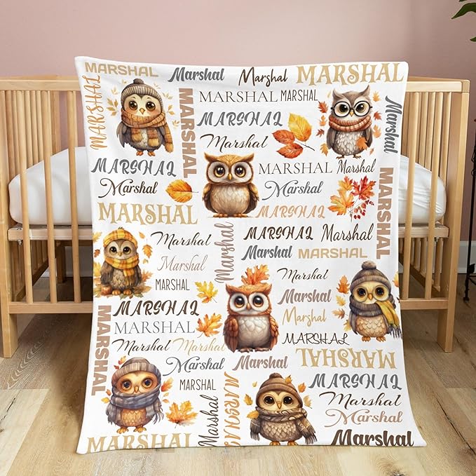 Personalized Baby Blanket for Boys Girls Owl Custom Baby Blankets with Name Dotted Backing Customized Gifts for New Mom Customize Baby Blanket for Kids Newborn Birthday