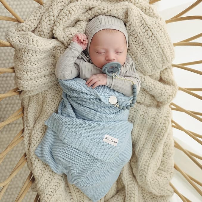 Organic Cotton Heritage Knit Receiving Blanket for Boys - 100% Luxury Soft Organic Cotton - Warm Cozy Swaddle Cuddle Blanket for Newborns Infants & Toddlers (0-2Yrs - Sky Blue)